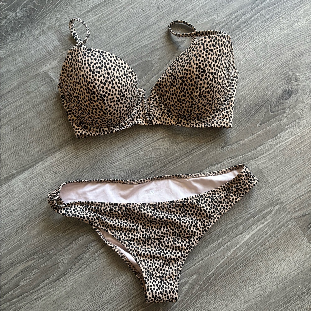 Shade & Shore Leopard-Trim Bikini Top and Bottoms - Beige and Black medium/34D